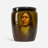 Standard Glaze Native American portrait humidor by Sadie Markland for Rookwood Pottery, sold Nov 2023