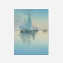 Carl Schmidt for Rookwood Pottery, Twilight, Venice (Marine scenic Vellum plaque), 1918, glazed earthenware, original frame