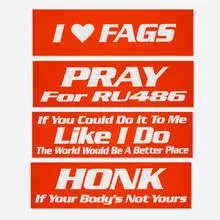 Marlene McCarty, Bumper stickers, set of seven, 1990, bumper sticker