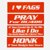 Marlene McCarty, Bumper stickers, set of seven, 1990, bumper sticker