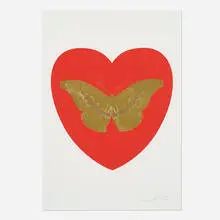 Damien Hirst, I Love You (Red/Oriental Gold/Cool Gold), 2015, screenprint in colors with gold leaf and foil block on Somerset Satin