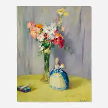 Still Life with Doll and Flowers by Pauline Palmer, oil on board, sold Feb 2024