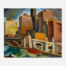 Eve Garrison, Untitled (Bridge, Boat and Buildings), c. 1940, oil on board