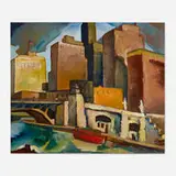 Eve Garrison, Untitled (Bridge, Boat and Buildings), c. 1940, oil on board