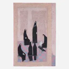 Tea Party by Margo Hoff, c. 1950, oil and casein on Masonite, sold Feb 2024