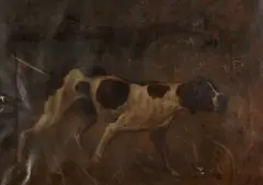 American School, POINTER IN THE FIELD, illegibly signed lower left, Oil on canvas