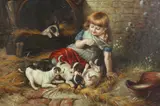 Continental School, GIRL WITH PUPPIES, giclee on canvas, GIRL WITH PUPPIES, giclee on canvas
