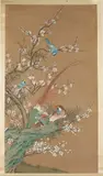 Anonymous, Bird Perched on Flowering Branches, Two ink and color on paper scroll