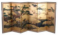 Kano School, Birds and Flowers (Kachoja), Gold, ink and color on paper, six-fold screen - Each panel: 63 in. x 22 1/2 in