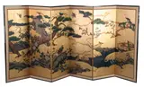 Kano School, Birds and Flowers (Kachoja), Gold, ink and color on paper, six-fold screen - Each panel: 63 in. x 22 1/2 in