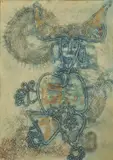 Mumtaz Sultan Ali, Tribal God, Color woodcut, signed and