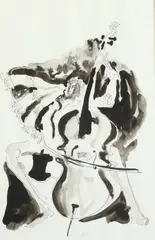 Phillip Ratner, THE CELLO PLAYER: TWO WORKS, composite sculpture accompanied by ink wash study, THE CELLO PLAYER: TWO WORKS, composite sculpture accompanied by ink wash study. - Height: 16 in., second: