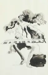 Phillip Ratner, THE KEYBOARDIST: TWO WORKS, composite sculpture and accompanied by ink wash study, THE KEYBOARDIST: TWO WORKS, composite sculpture and accompanied by ink wash study. - Height: 11 in., second