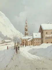 Ettore Gianni, Village in Snow, Gouache