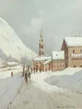 Ettore Gianni, Village in Snow, Gouache