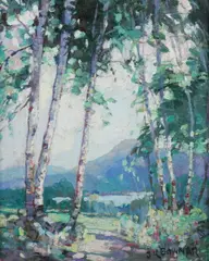 James King Bonnar, Birch Trees on Mountain Lake, Oil on board