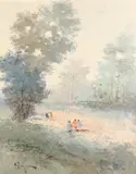 Antonio Pecoraro, Figures in Landscape, Oil on canvas