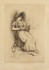 Edward Percy Moran, Portrait of Young Woman Reading, Etching