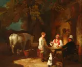 Figures and Farm Animals Outside Tavern by British School, FIGURES AND FARM ANIMALS OUTSIDE TAVERN, oil on canvas, sold Sep 2014