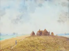 William Henry Holmes, Landscape with Hay Stacks, Watercolor