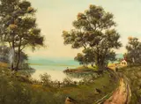 William H. Schwarz, Landscape with Boy Fishing on Lake, Oil on canvas