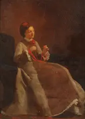Anton Weber, Portrait of Woman with Skein of Red Wool, Oil on board