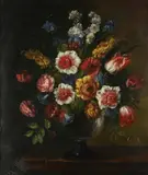 Still Life with Flowers in Glass Vase by Continental School, STILL LIFE WITH FLOWERS IN GLASS VASE, oil on canvas, offered Sep 2014