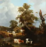 Cows at Edge of River by British School, COWS AT EDGE OF RIVER, oil on canvas, sold Sep 2014
