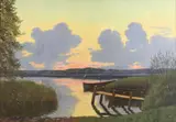 Dock at Sunset by American School, Oil on canvas, sold Sep 2014