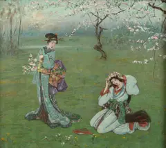 William John Hennessy, Japanese Girls Collection Blossoms, Oil on canvas