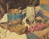 Gustav Trois, Still Life with Crockware and Wooden Clogs, Oil on canvas