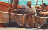 Larry Gluck, Waiting on the Fishing Boat, Watercolor