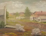R. Meade, Landscape with Barn and Outbuildings, Oil on canvas