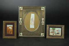 Figures by Anonymous, Three ink and color on faux ivory in khatam frames, offered Nov 2014