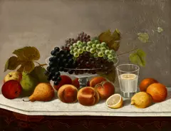 R.A. Savage, Tabletop Still Life with Compote and Fruit, Oil on canvas