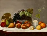 R.A. Savage, Tabletop Still Life with Compote and Fruit, Oil on canvas