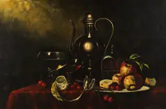 A. Gyula Bubarnik, Still Life with Tea Pot and Fruit, Oil on canvas