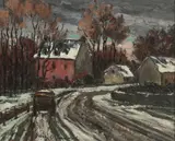 Maurice Trochain- Menard, Snow Covered Road with Houses, Oil on board
