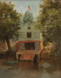 House with Rowboat and Flag Along River by American School, HOUSE WITH ROWBOAT AND FLAG ALONG RIVER, oil on board., sold Nov 2014