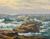 William Reuben Clark Wood, Waves Crashing on Rocky Shore, Oil on canvas