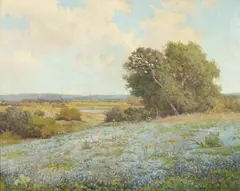 Robert William Wood, Hill Country with Texas Blue Bonnets and Indian Paint Brush, Oil on canvas
