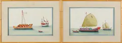 Anonymous, "Junks", "Figures", Four ink and color on rice paper, two ink and color on leaves