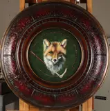Portrait of Fox with Hunt Whip by American School, PORTRAIT OF FOX WITH HUNT WHIP, oil on board., sold Dec 2014