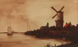 Dutch School, Windmill Along Water, WINDMILL ALONG WATER, watercolor and ink wash