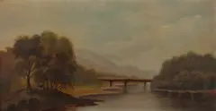 Bridge Over River by American School, BRIDGE OVER RIVER, oil on board, sold Dec 2014