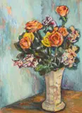 Marjorie Phillips, Floral Arrangement with Roses, FLORAL ARRANGEMENT WITH ROSES, oil on board