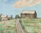 Marjorie Phillips, Barn on a Hill, Oil on canvas in hand-carved frame signed "M