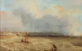 J. Gough, Sailboats in Stormy Harbor, Oil on canvas
