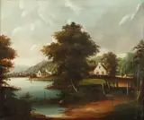 Town Along the Water by Dutch School, TOWN ALONG THE WATER, oil on canvas, sold Feb 2015