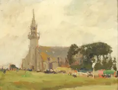 Landscape with Church by Frank Russell Green, LANDSCAPE WITH CHURCH, oil on board, sold Feb 2015
